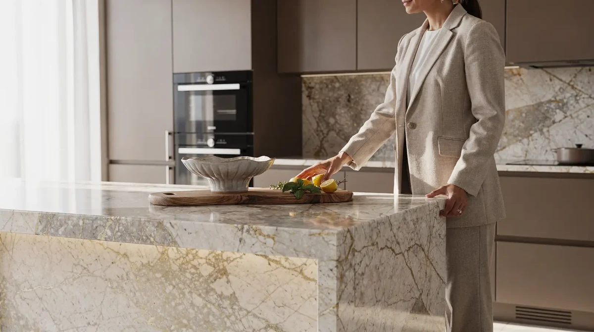 Representative kitchen material pairing with a veined stone island and neutral cabinetry