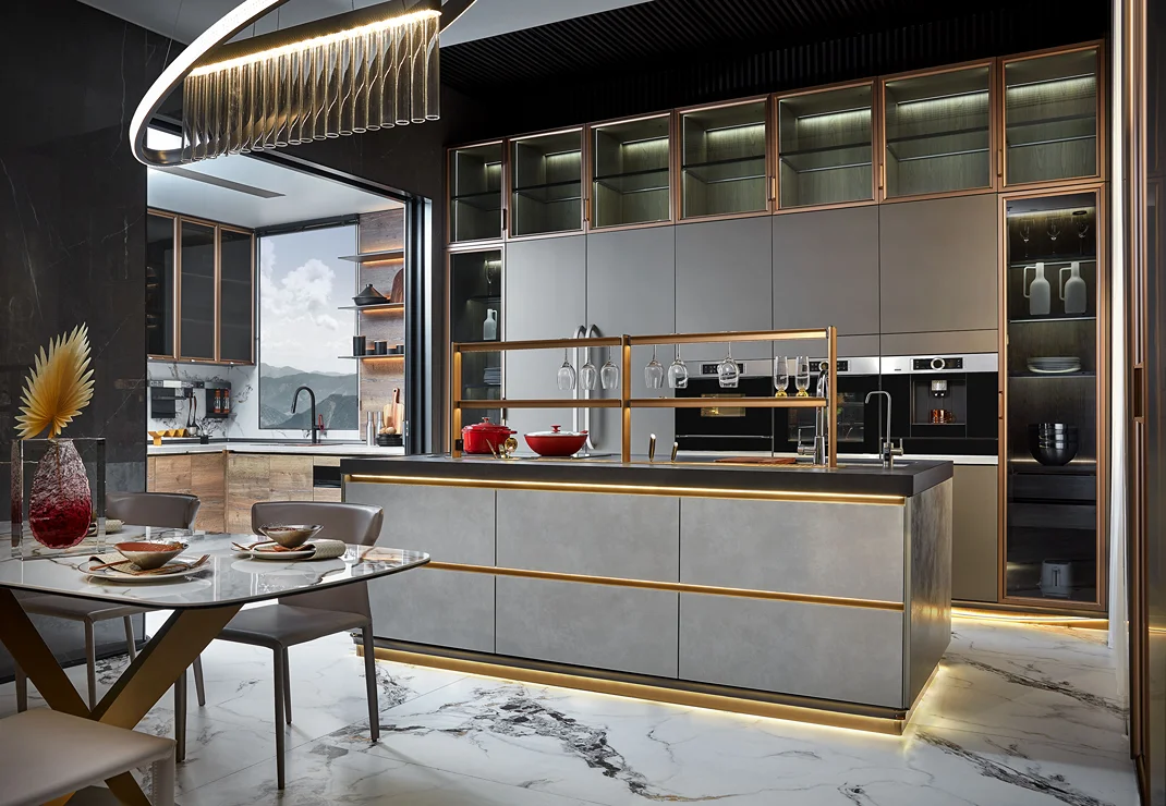 Modern luxury kitchen with custom Italian cabinetry and island seating