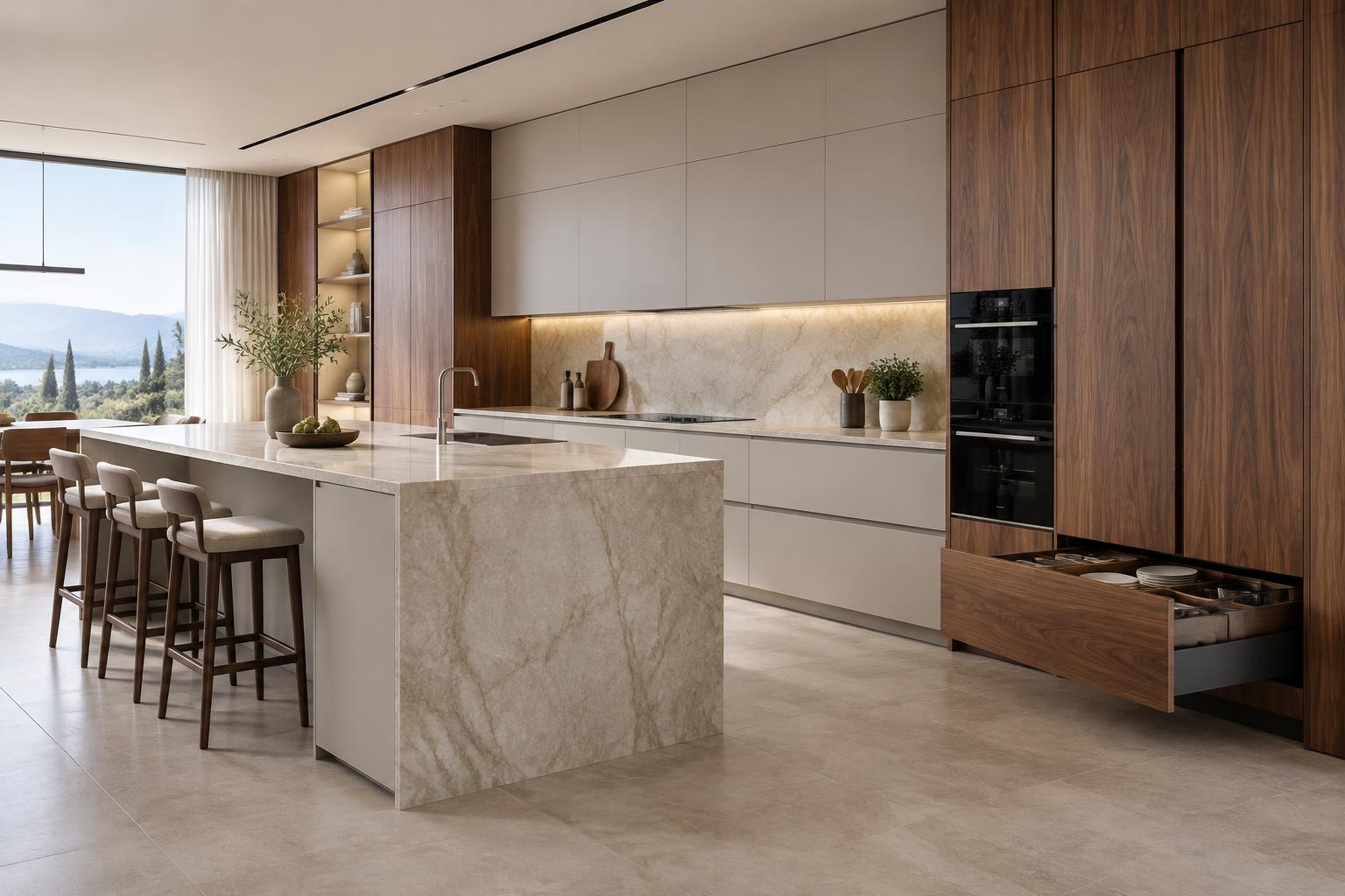 Italian kitchen design inspiration with walnut veneer cabinetry, light-grey slab doors, a stone island and organized drawer storage