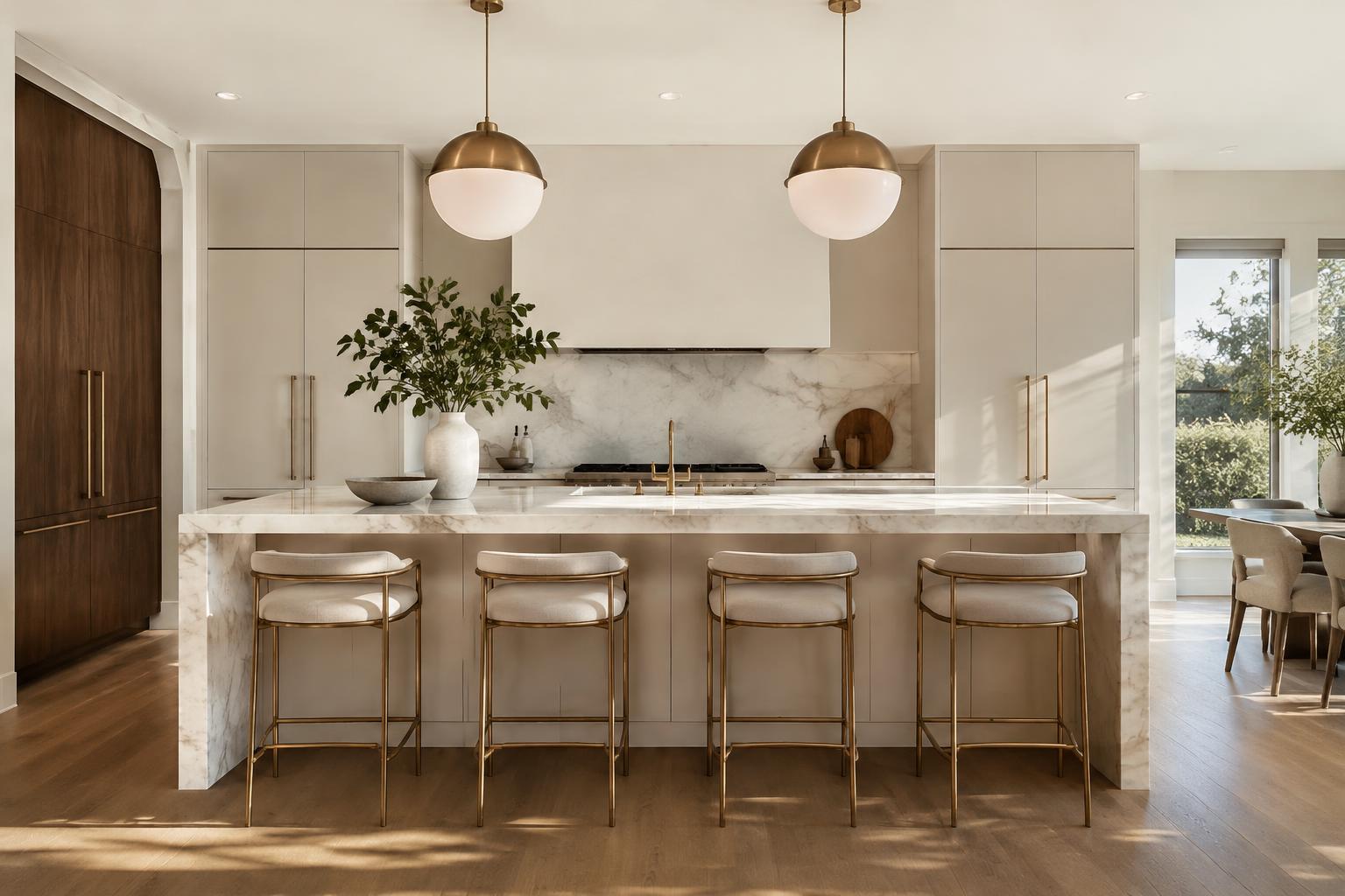 Elegant remodeled kitchen with cream Italian cabinetry, walnut tall units and a marble waterfall island in a Dearborn home