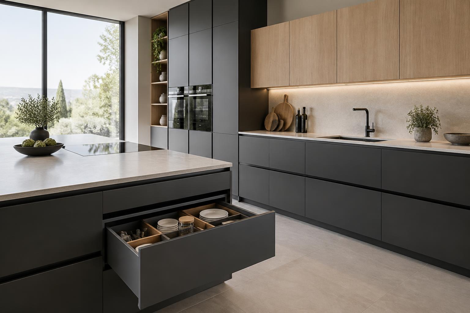 Modern Italian kitchen with graphite and oak slab-front cabinetry and an open soft-close drawer