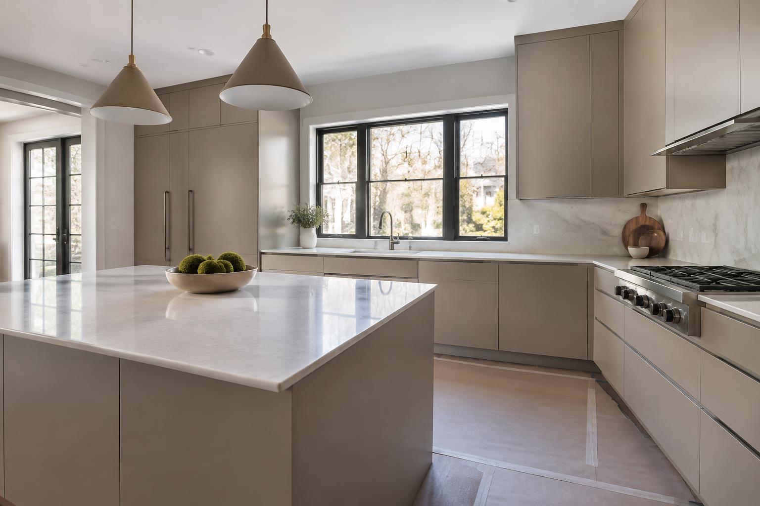 Newly installed greige Italian slab-front cabinetry and marble island during a Garden City kitchen remodel