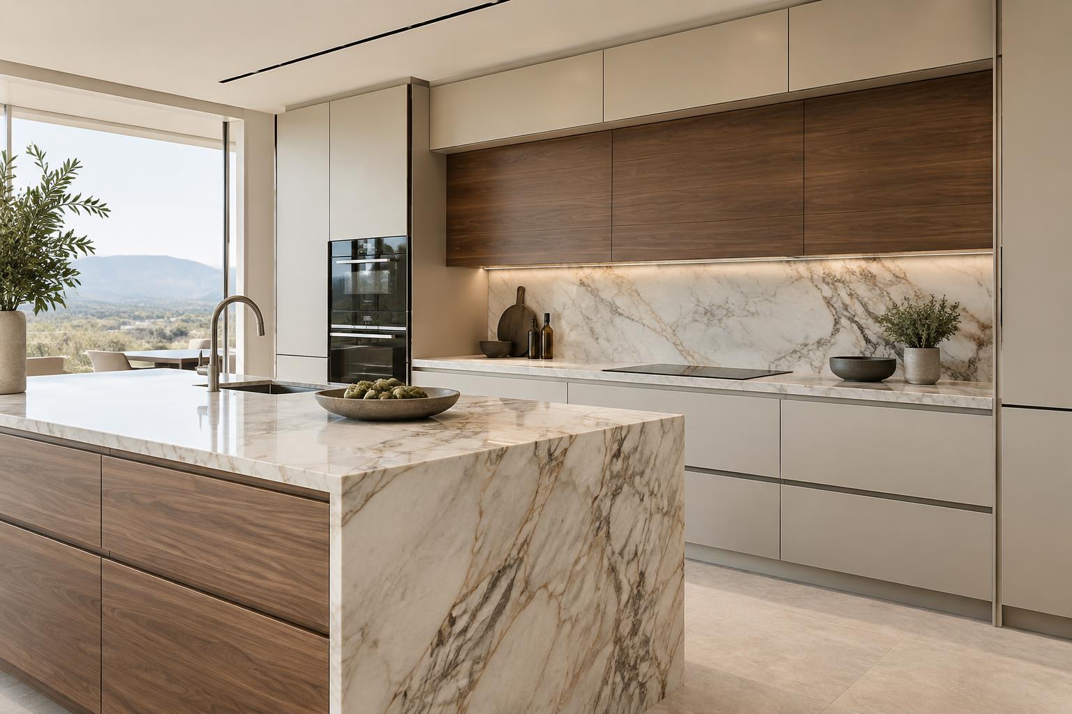 Luxury Italian kitchen with walnut and cream slab-front cabinetry, integrated handles and a marble waterfall island