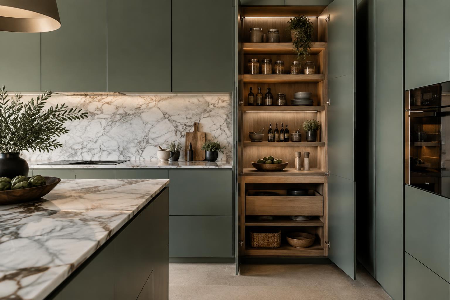 Sage green Italian kitchen cabinetry with an illuminated oak pantry unit and marble countertops