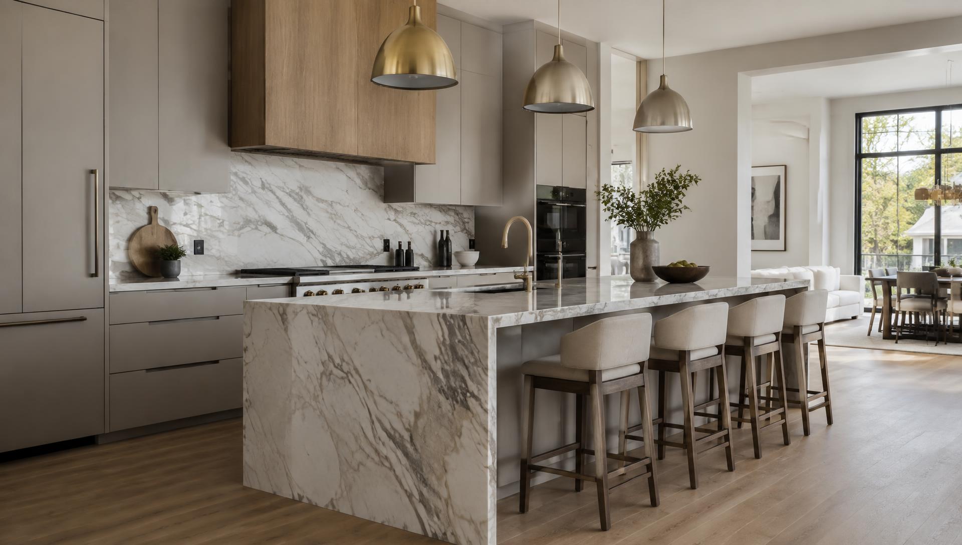 Luxury Italian kitchen with marble island and handleless cabinetry in a Garden City, Michigan home