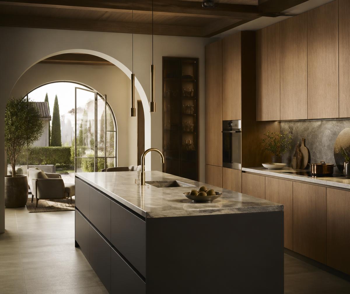 Warm oak and matte charcoal Italian kitchen with marble island designed by Binova Ace Kitchen & Decor