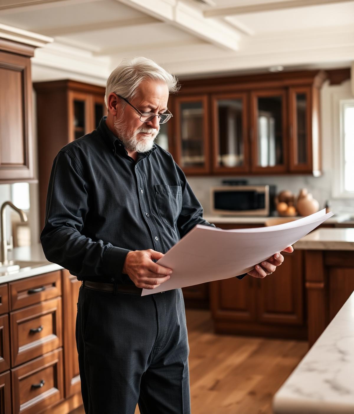 Gus Beydoun, owner and master craftsman, reviewing kitchen cabinetry drawings