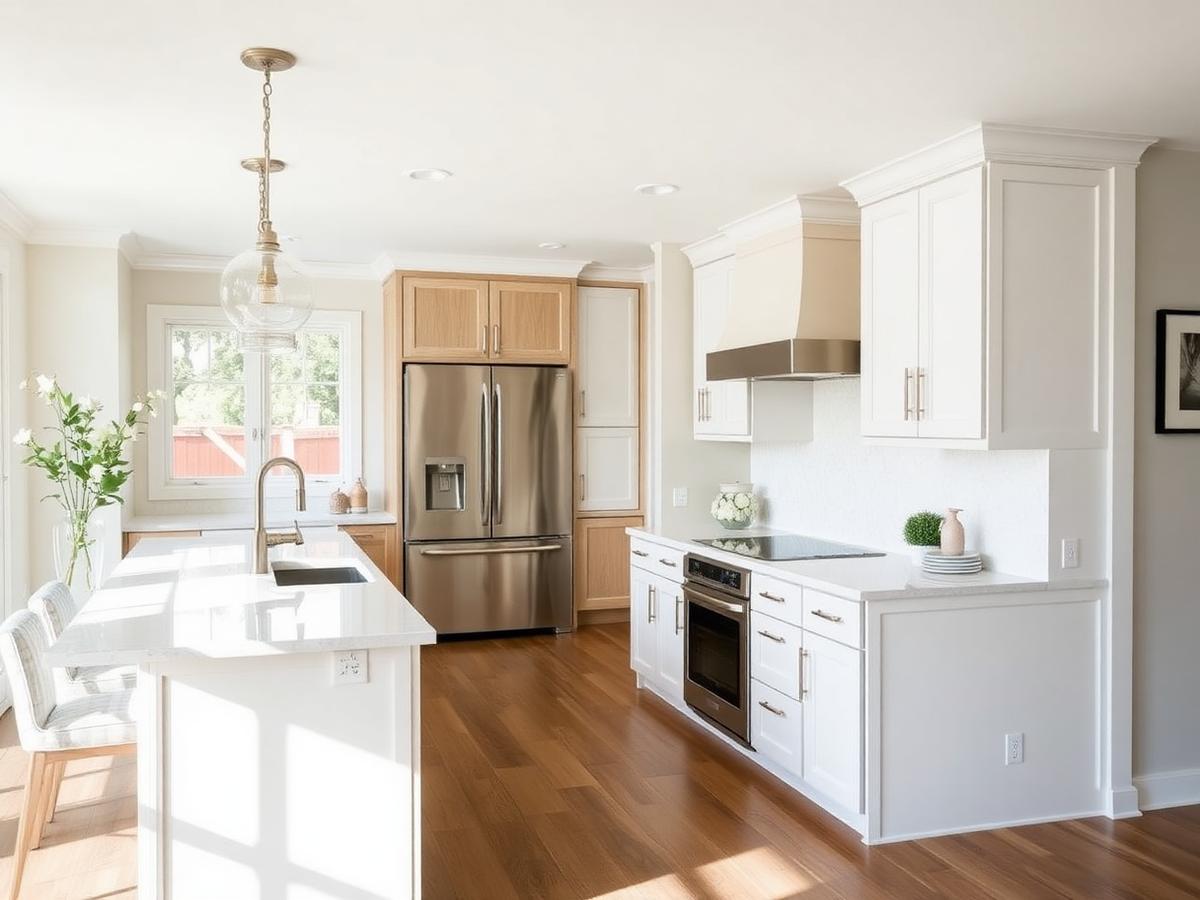 White and oak kitchen remodel with quartz island in Garden City, Michigan