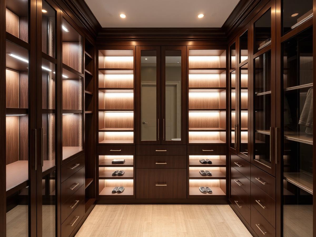 Custom walk-in closet with backlit shelving in West Bloomfield, Michigan