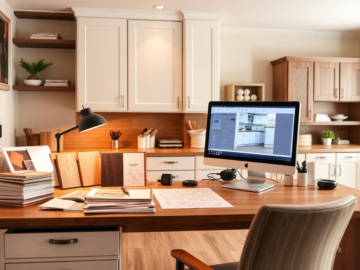 3D kitchen design renderings and finish samples in the Garden City showroom