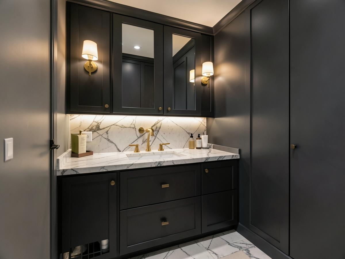 Matte charcoal powder room vanity with marble top and brass fixtures