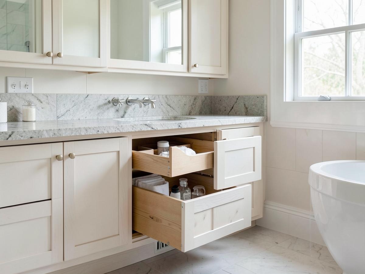 White oak bathroom vanity with fitted drawer storage in a Michigan home