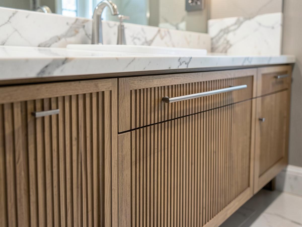 Fluted wood bathroom vanity detail with stone countertop and brushed hardware