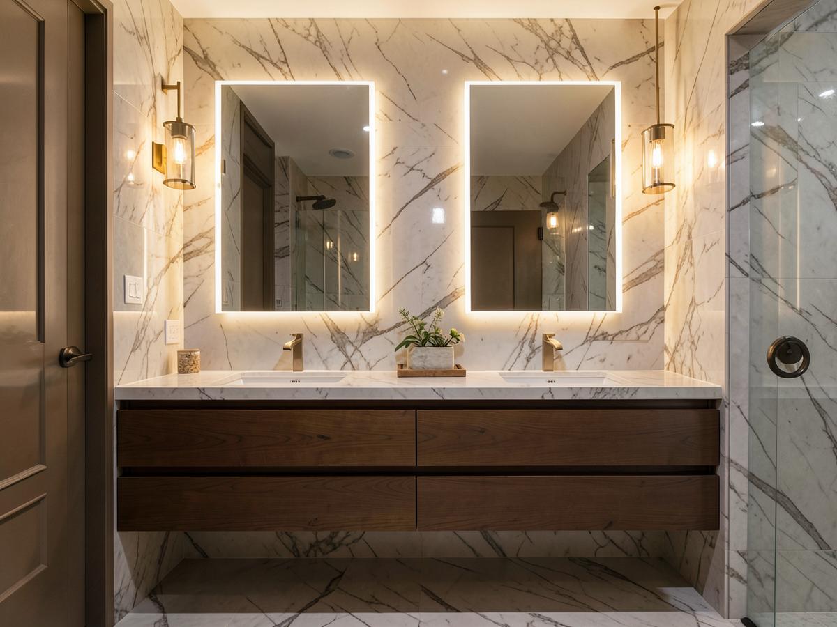 Custom floating walnut double bathroom vanity with marble surround in a Michigan home