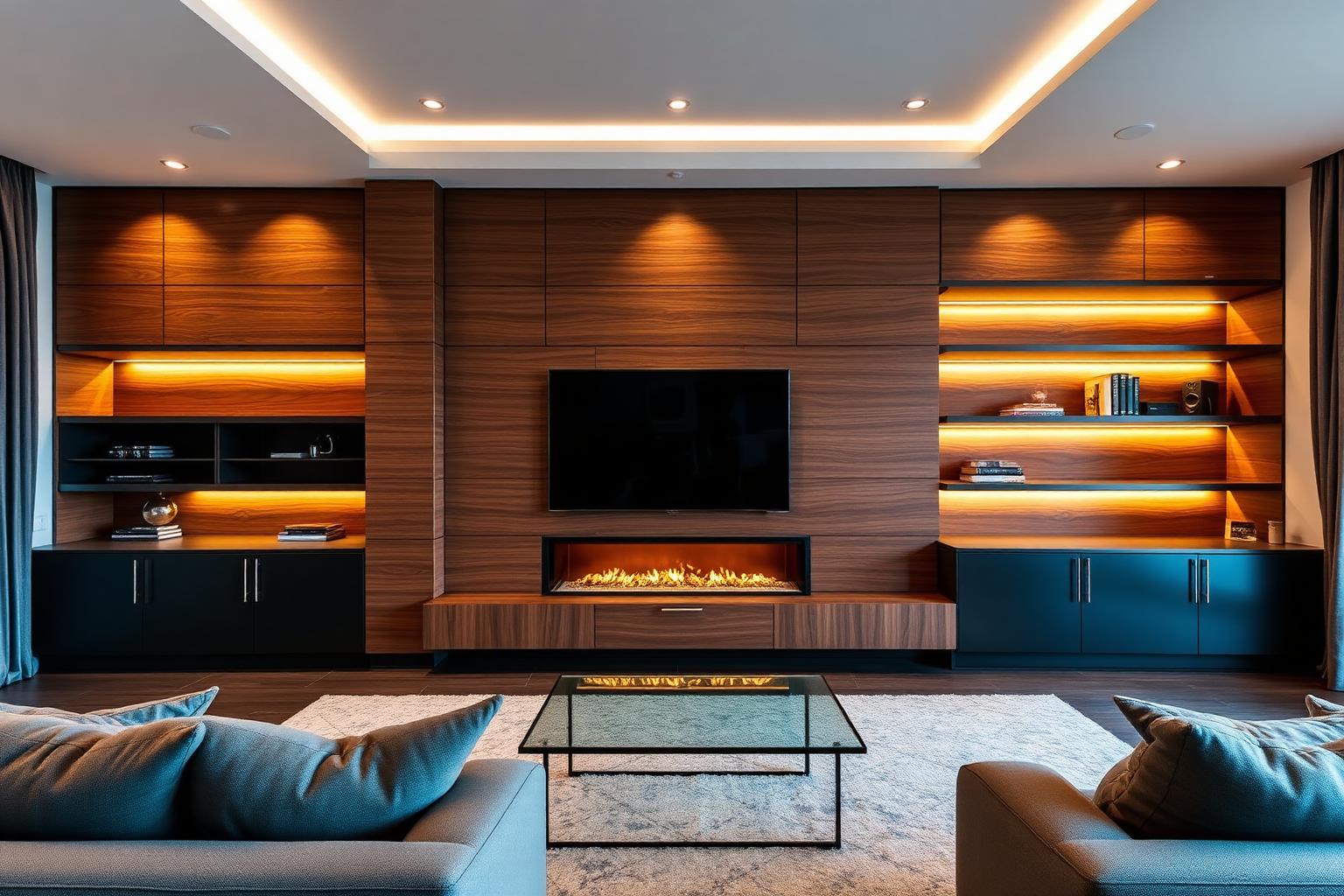 Built-in entertainment cabinetry with fireplace in a Michigan living room