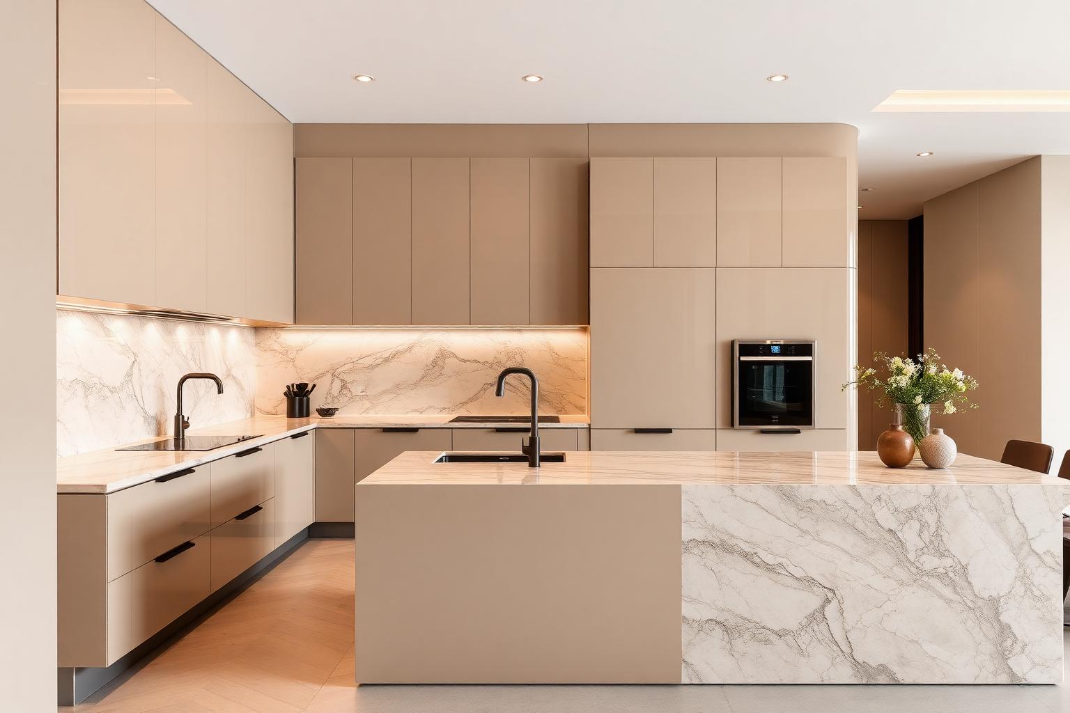 Luxury Italian BINOVA kitchen cabinets with marble island in a Garden City, Michigan home