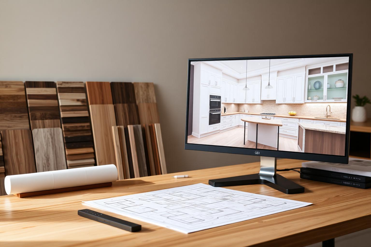 3D kitchen design rendering and material samples in a Michigan design studio